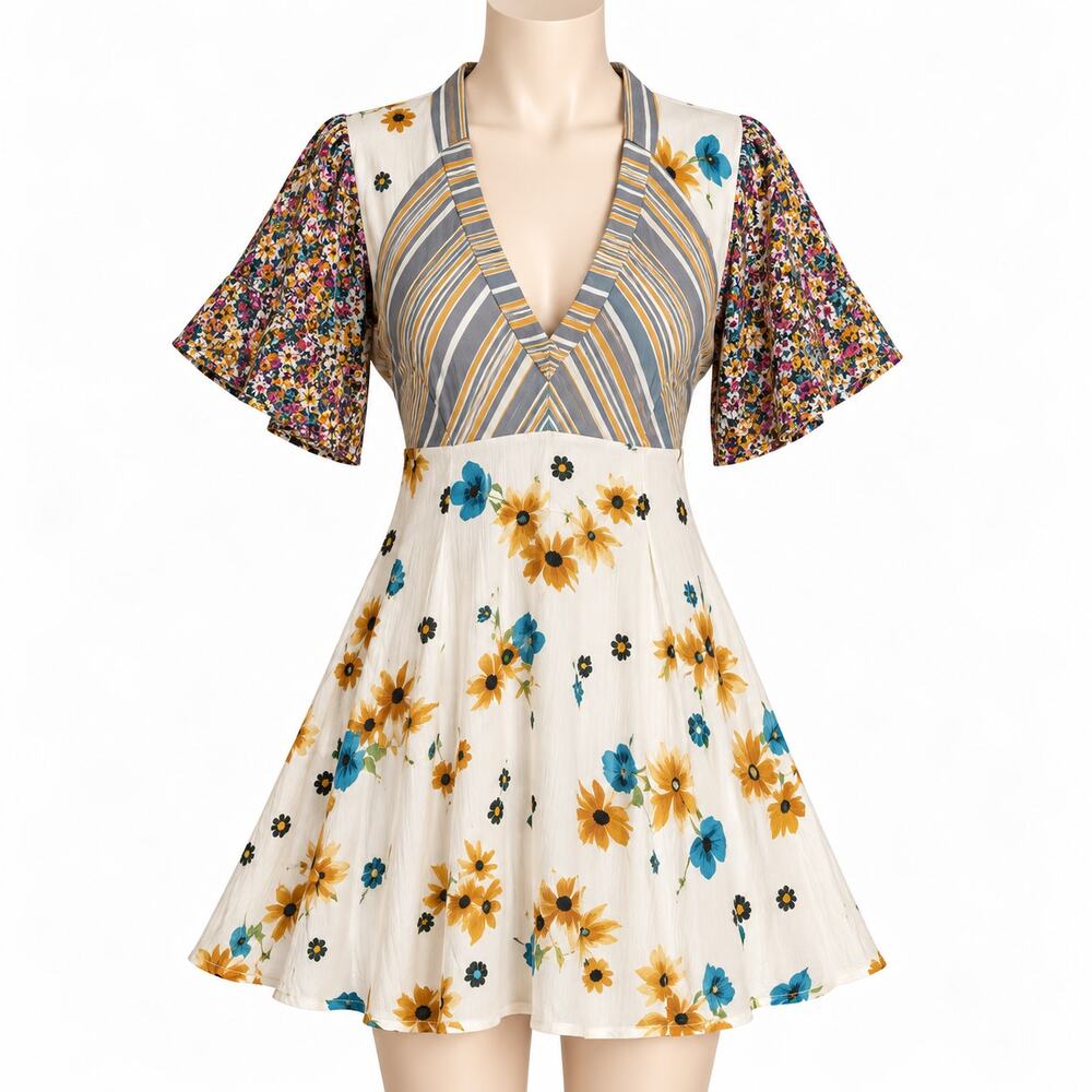 Free People Mixed Print Floral Stripe Deep V Mini Dress Women's 0